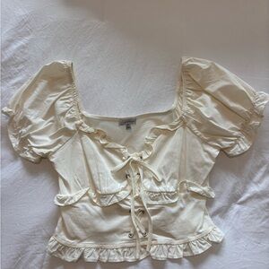 Tie-Front Ruffle Crop Top in Cream